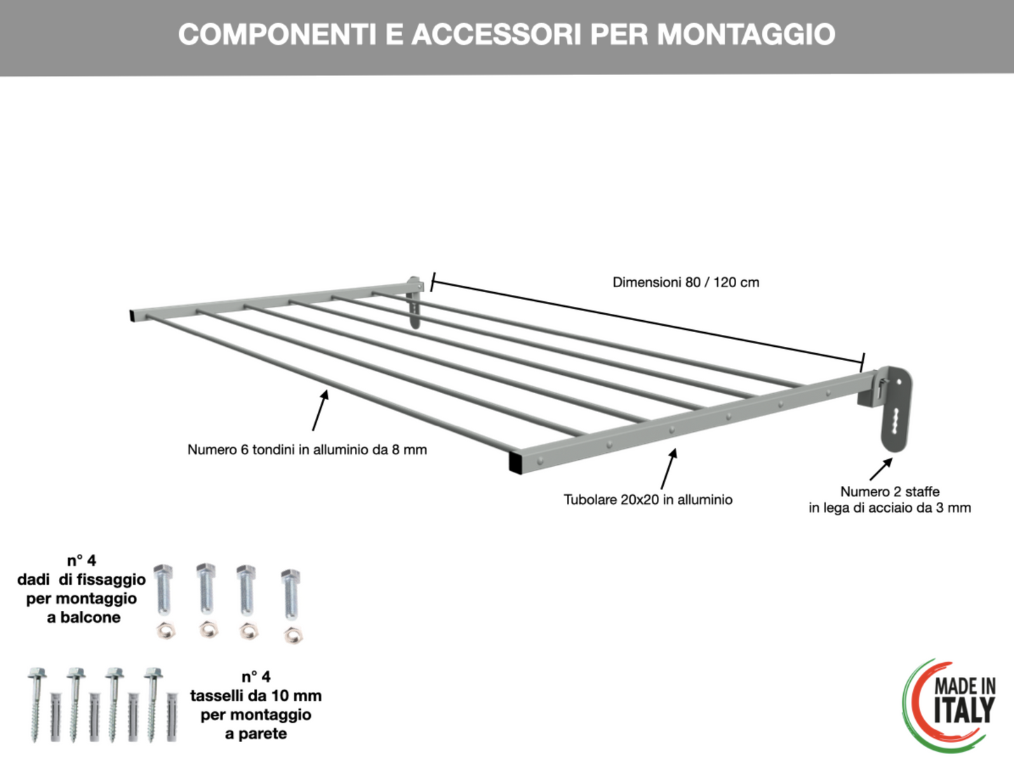 Stendibiancheria da parete Grigio Dimensioni 80 - 120 cm