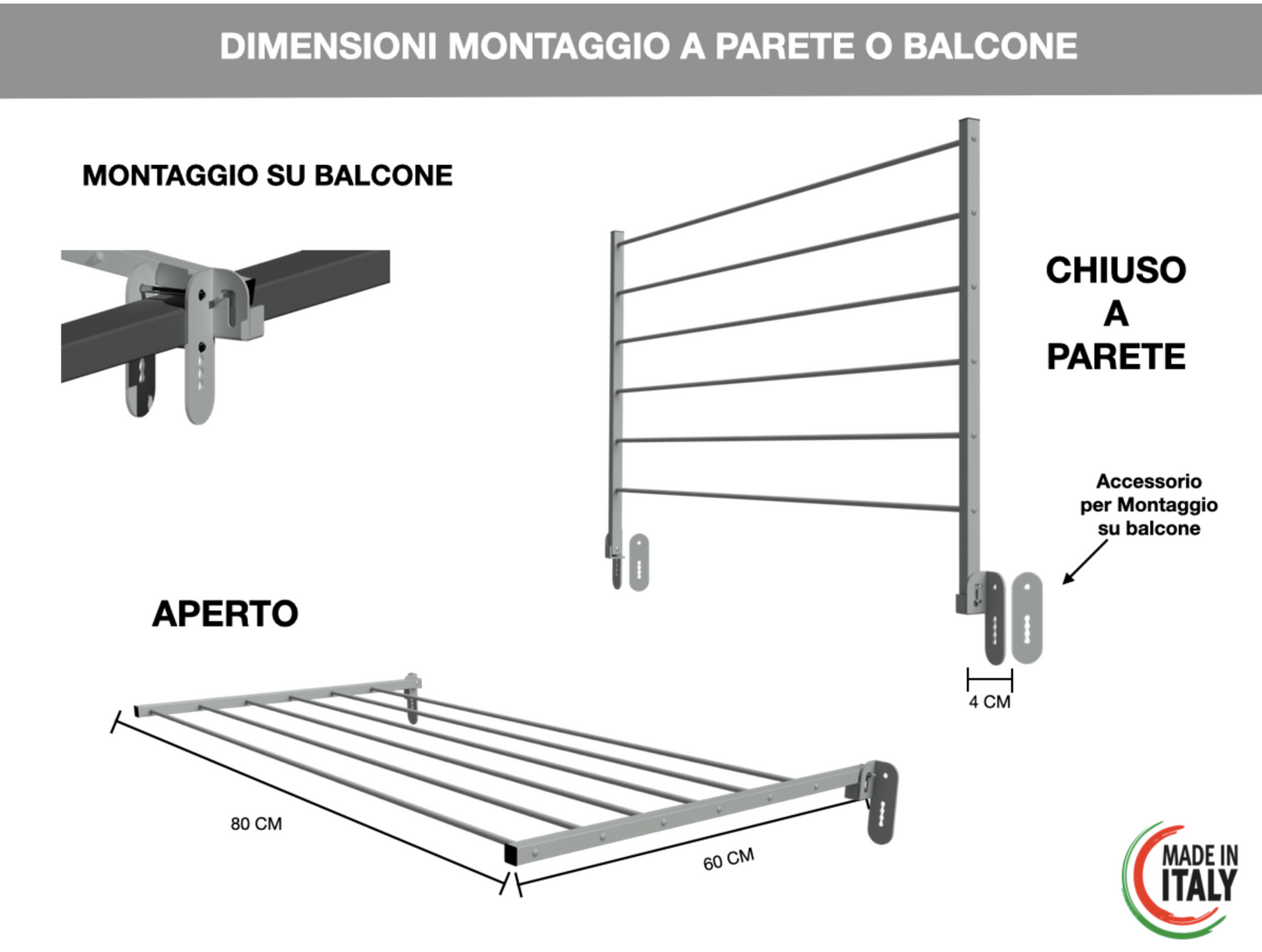Stendibiancheria da parete Grigio Dimensioni 80 - 120 cm