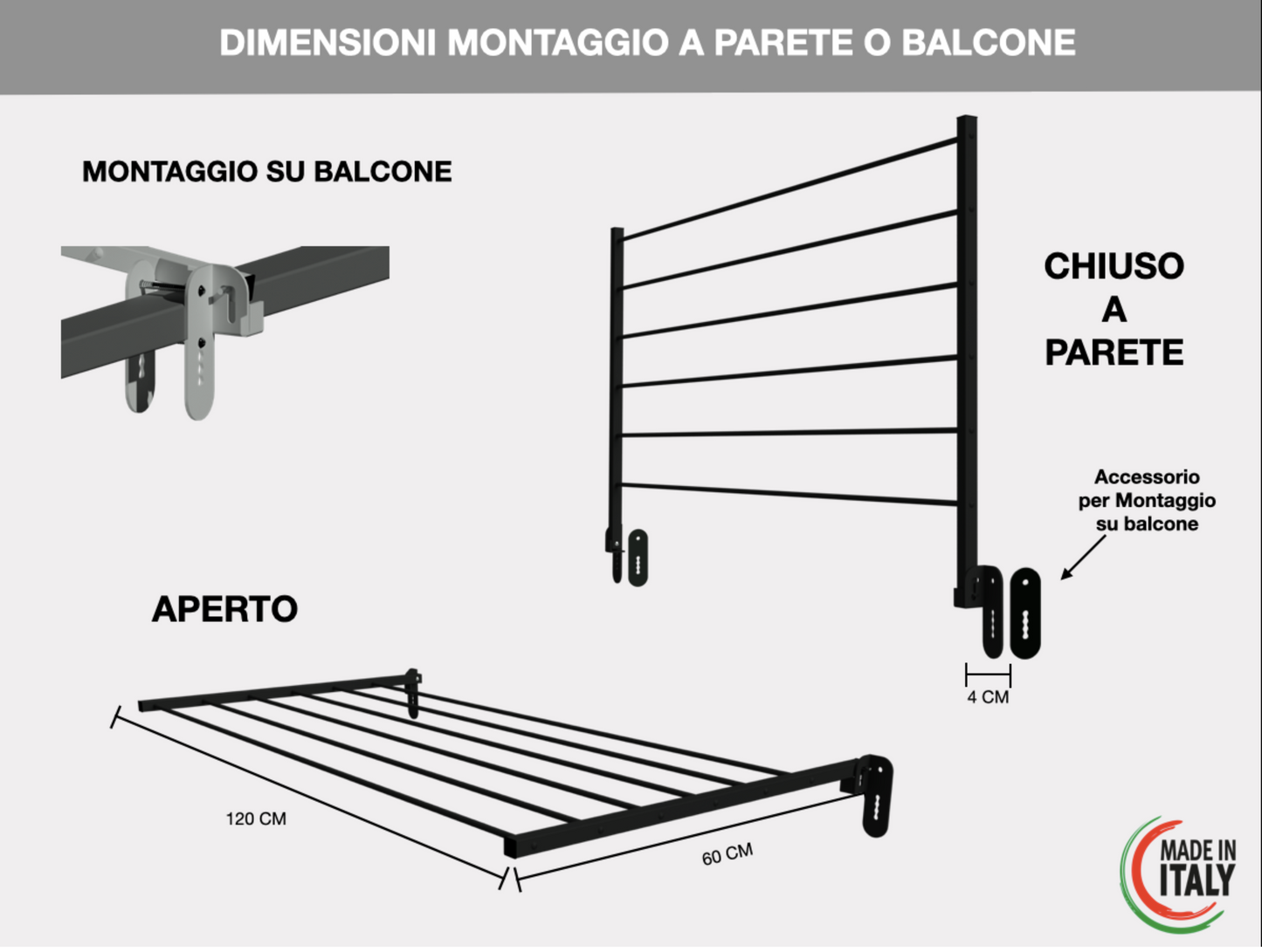 Stendibiancheria da parete Nero 80 - 120 cm