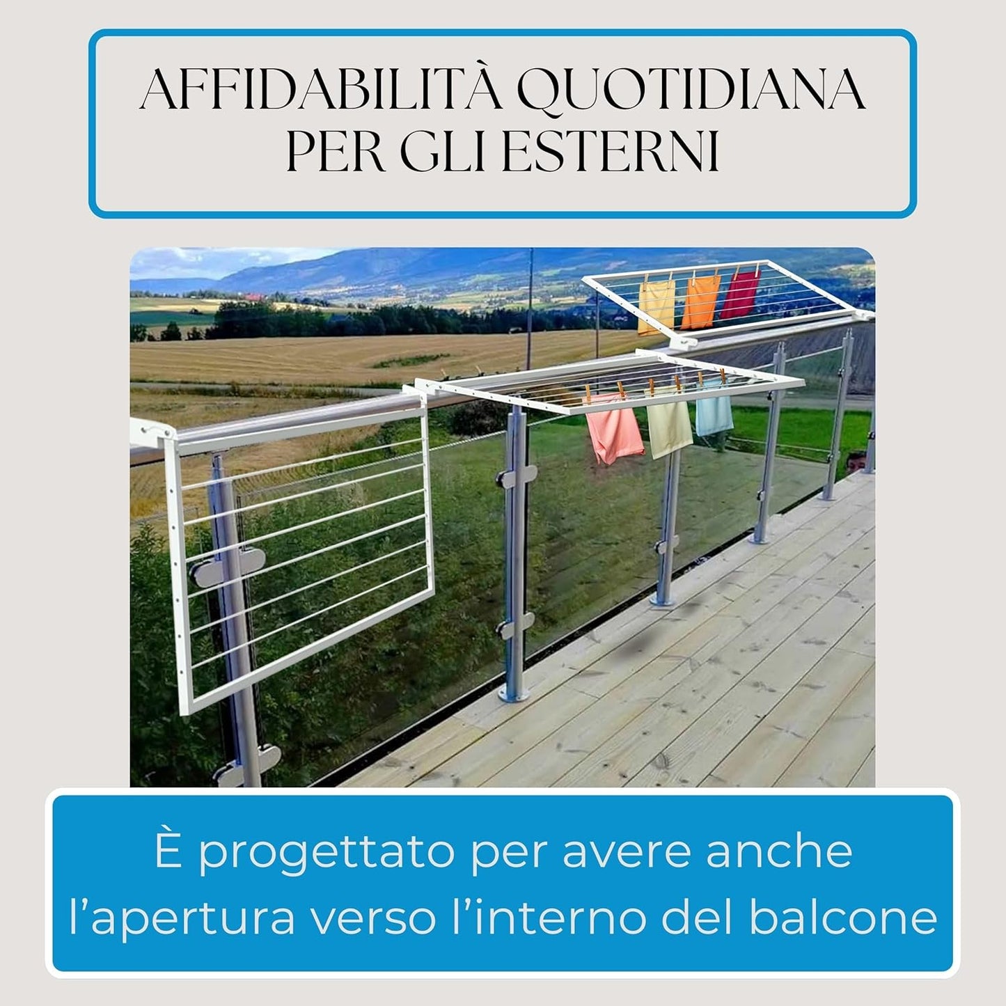 Stendibiancheria da balcone ribaltabile, stendibiancheria da esterno, stendino da parete, stendibiancheria a scomparsa Dim. 120x53x3 cm Bianco