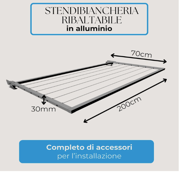 Stendibiancheria da balcone ribaltabile, stendibiancheria da esterno, stendino da parete, stendibiancheria a scomparsa D. 200x70x3 cm Grigio