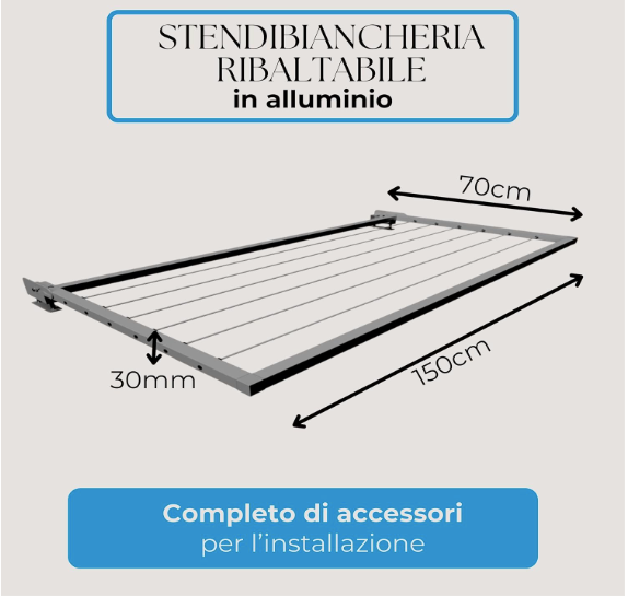 Stendibiancheria da balcone ribaltabile, stendibiancheria da esterno, stendino da parete, stendibiancheria a scomparsa D. 150x70x3 cm Grigio