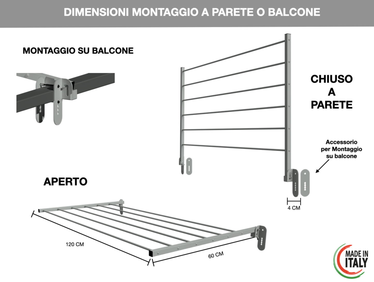 Stendibiancheria da parete Grigio Dimensioni 80 - 120 cm