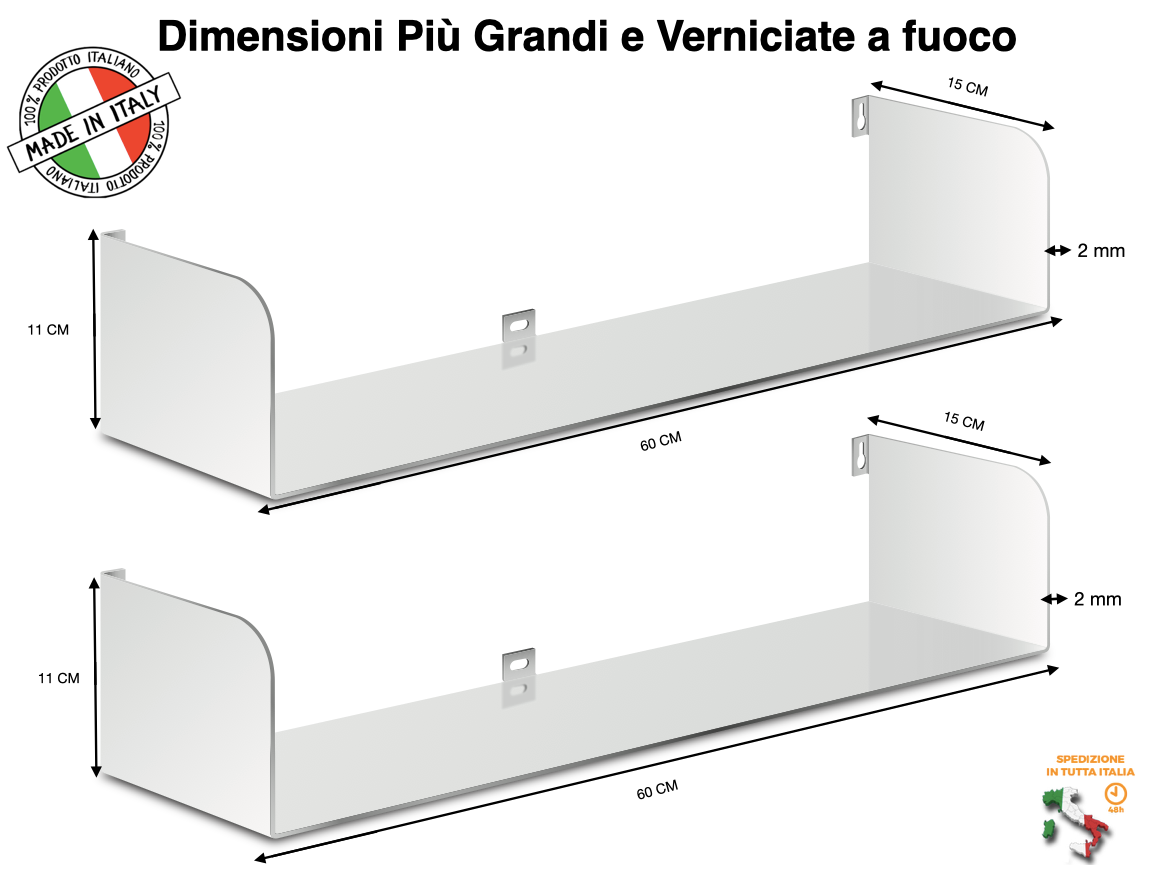 Mensole da muro a scomparsa in ferro, lunghezza 60 cm, verniciata a fuoco bianco opaco Mx carico 20 kg per mensola (kit 2 mensole)