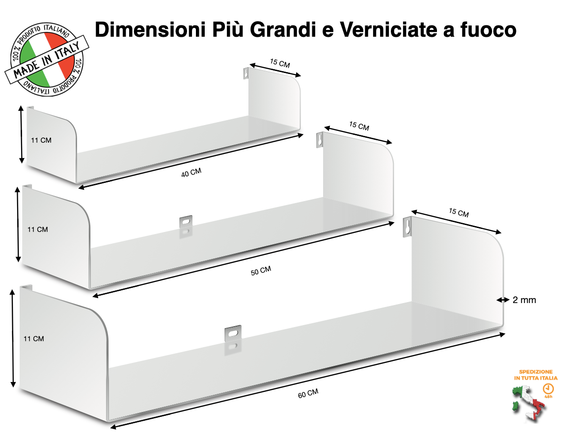 Mensole da muro a scomparsa in ferro, varie dimensioni, verniciata a fuoco bianco opaco Mx carico 20 kg per mensola (kit 3 mensole)