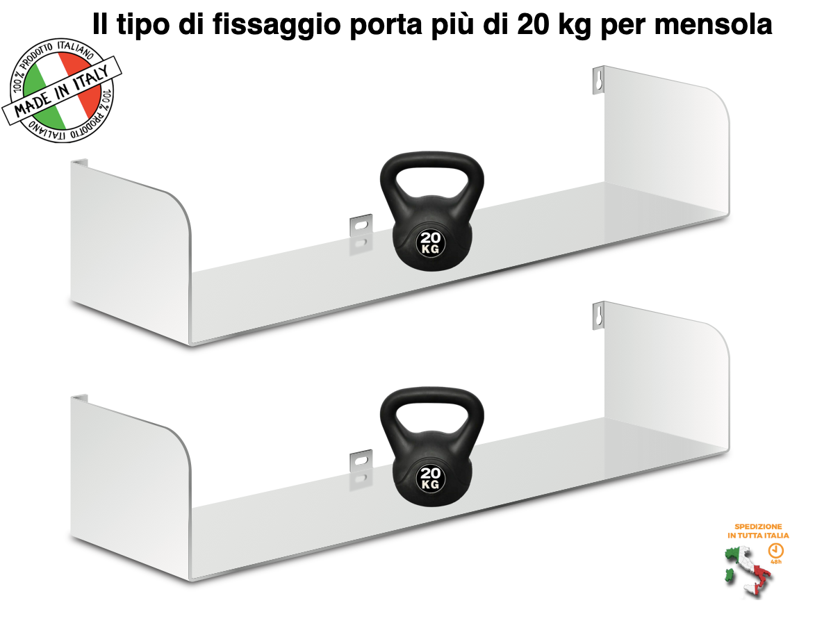 Mensole da muro a scomparsa in ferro, lunghezza 60 cm, verniciata a fuoco bianco opaco Mx carico 20 kg per mensola (kit 2 mensole)