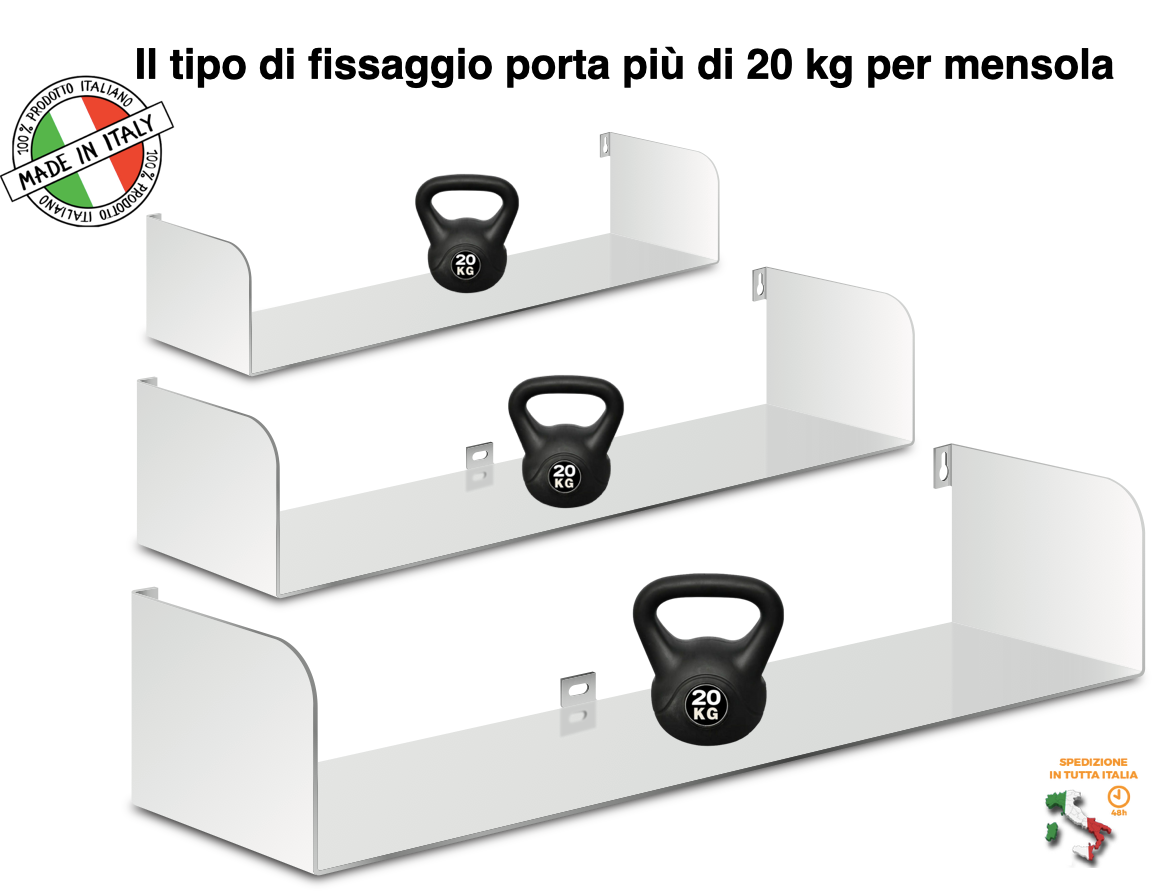 Mensole da muro a scomparsa in ferro, varie dimensioni, verniciata a fuoco bianco opaco Mx carico 20 kg per mensola (kit 3 mensole)