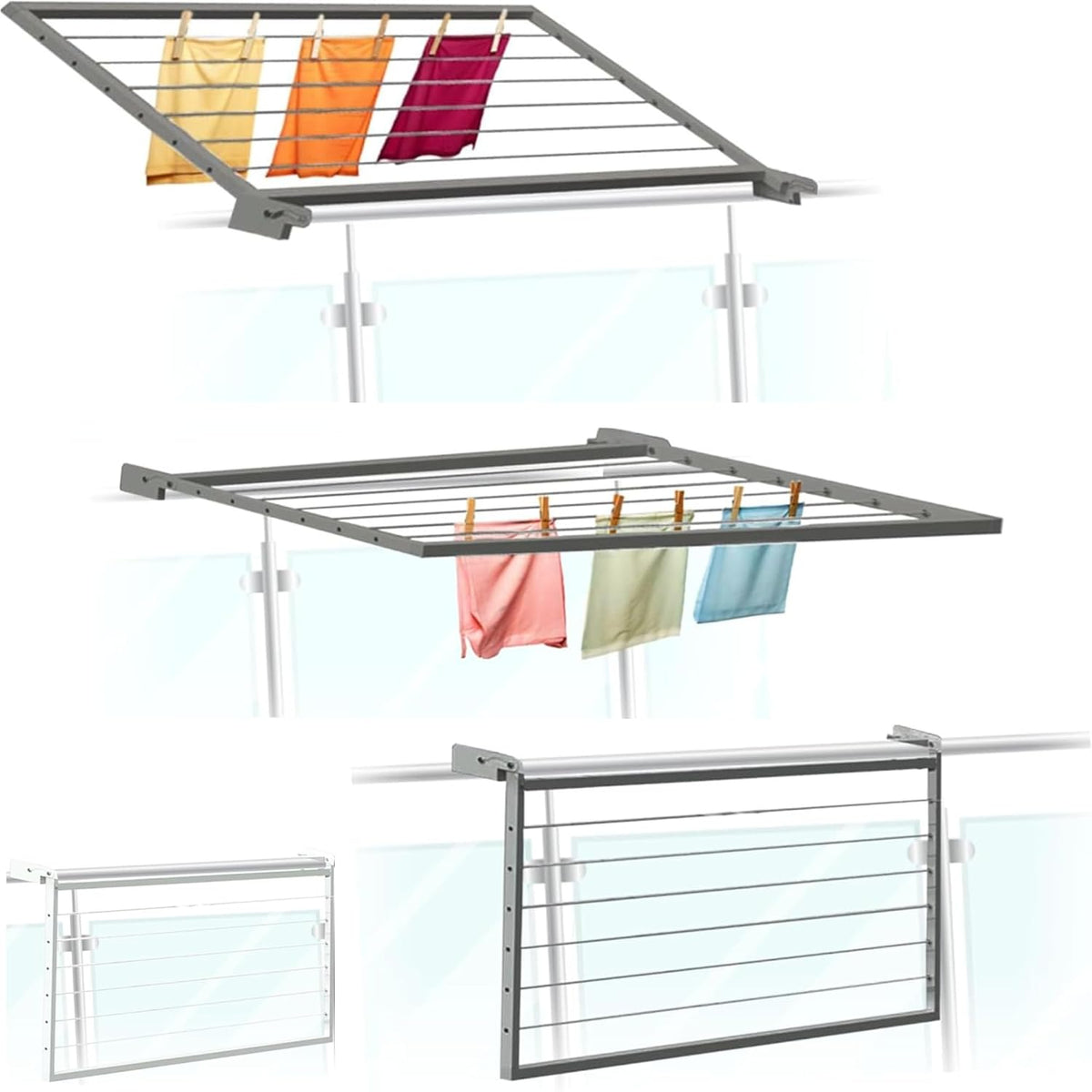 Stendibiancheria ribaltabile, BIANCO E GRIGIO stendibiancheria da balcone, stendino da parete, stendibiancheria a scomparsa (Modello Standard)