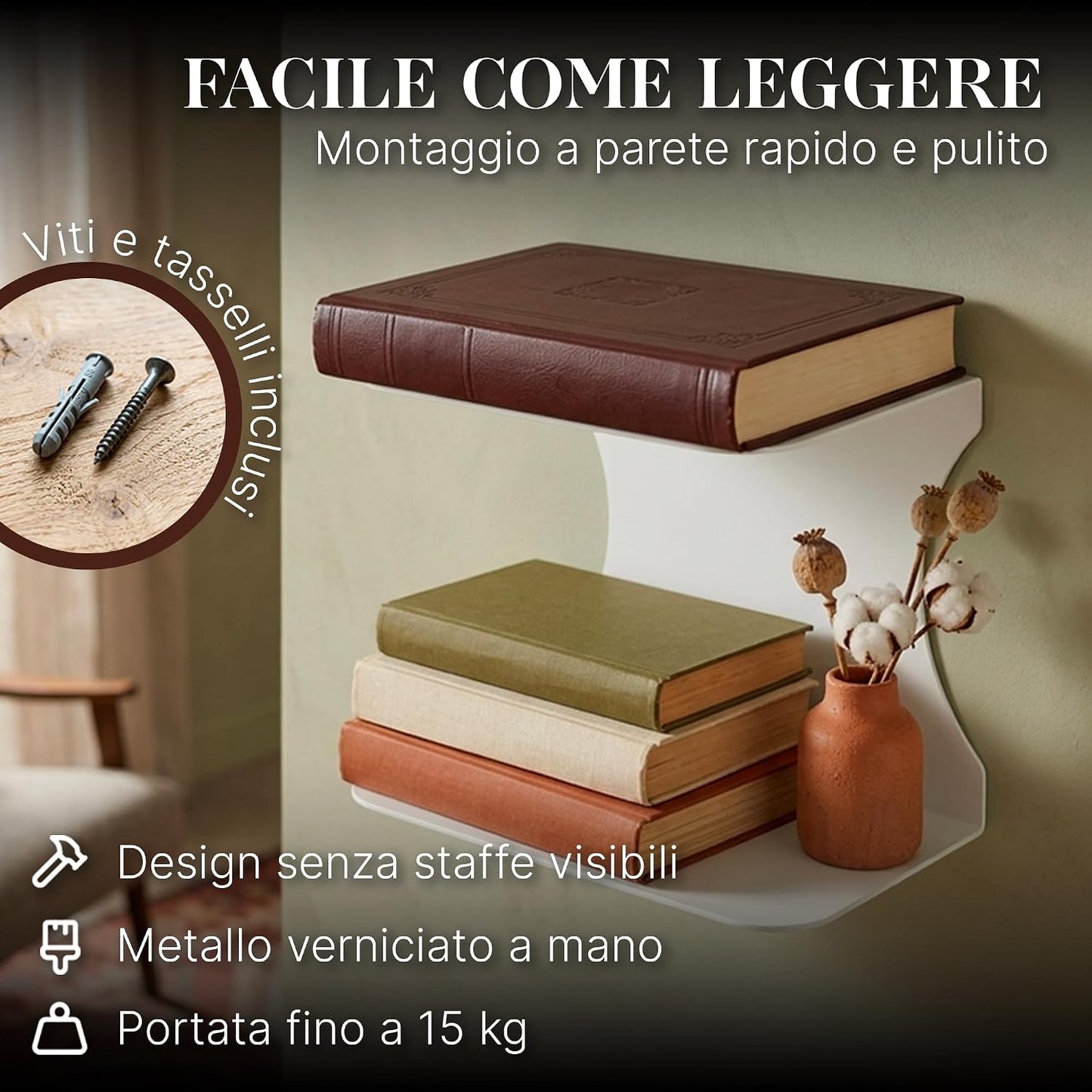 Mensole libreria a scomparsa invisibili, colore: Bianco, per mettere i libri in pila (3)