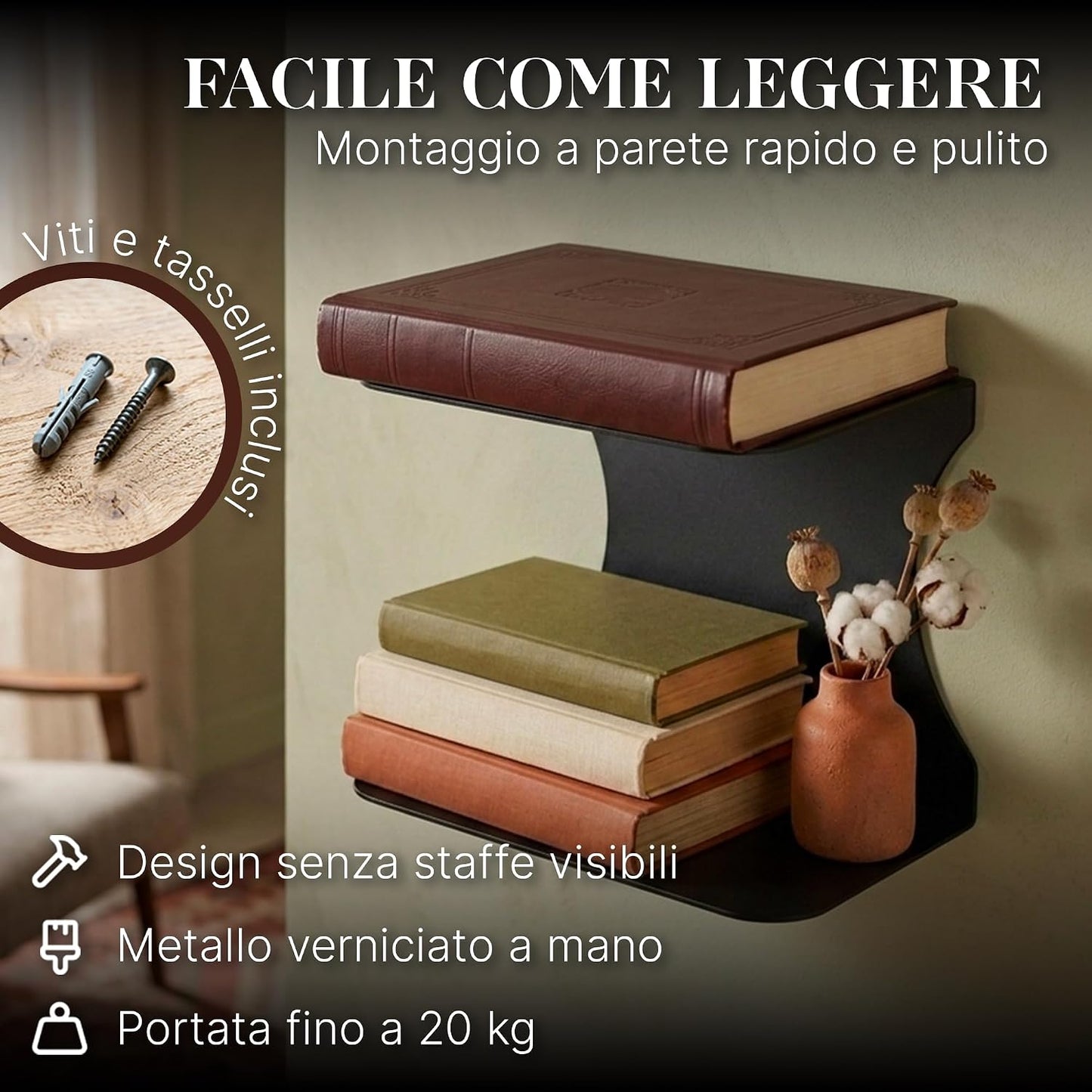 Mensole libreria a scomparsa invisibili,più Grandi colore: Nero, per mettere i libri più Grandi in pila  (1)