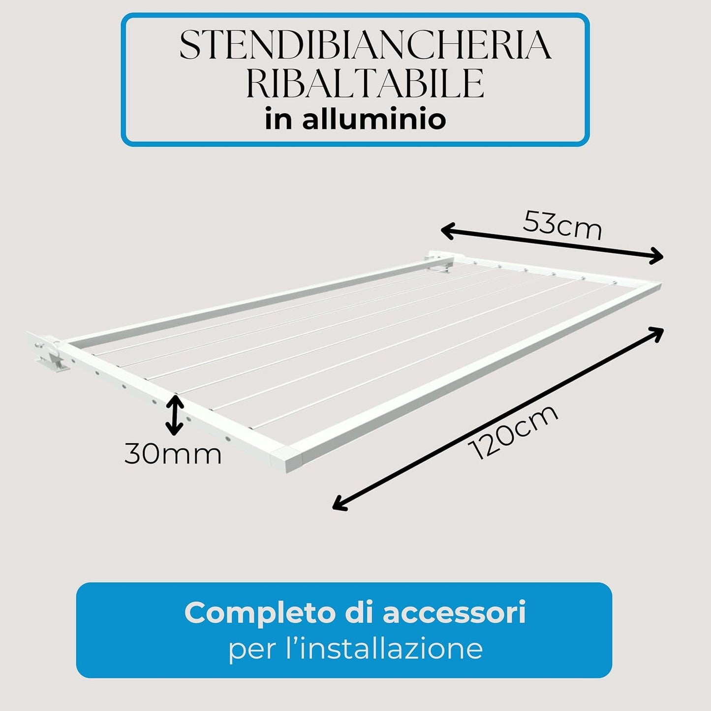 Stendibiancheria da balcone ribaltabile, stendibiancheria da esterno, stendino da parete, stendibiancheria a scomparsa Dim. 120x53x3 cm Bianco