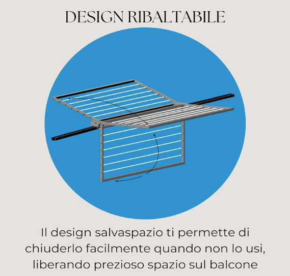 Stendibiancheria da balcone ribaltabile, stendibiancheria da esterno, stendino da parete, stendibiancheria a scomparsa Dim. 120x53x3 cm Grigio