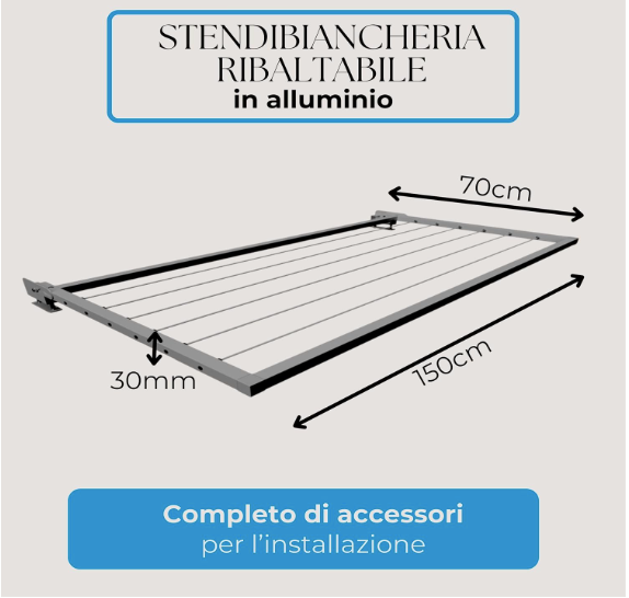 Stendibiancheria da balcone ribaltabile,  stendibiancheria da esterno, stendino da parete, stendibiancheria a scomparsa D. 150x70x3 cm Grigio