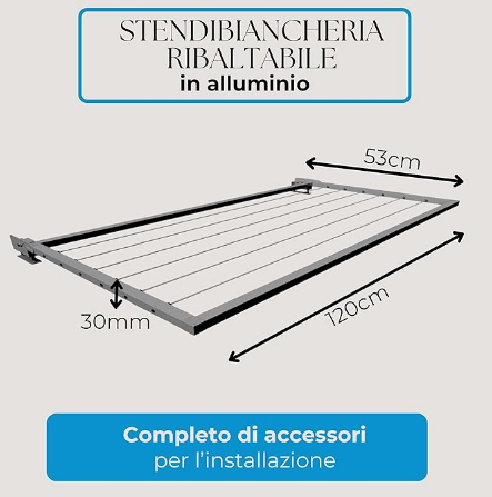 Stendibiancheria da balcone ribaltabile, stendibiancheria da esterno, stendino da parete, stendibiancheria a scomparsa Dim. 120x53x3 cm Grigio